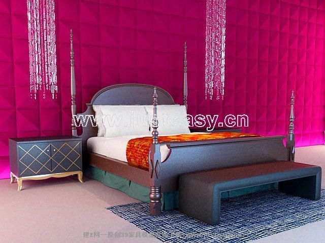 European-style black wood bed 3D model of mood (including materials)