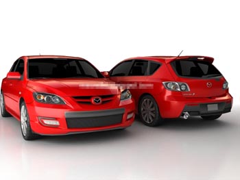 Red Mazda hatchback sedan