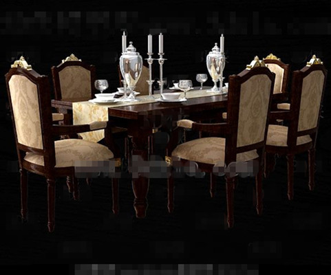 Retro brown yellow long dining table and chairs