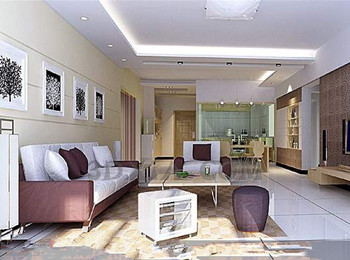 White and purple bright living room