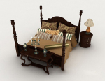 Chinese home brown wooden double bed 3d model