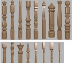 The 3D models of various handrails wooden posts